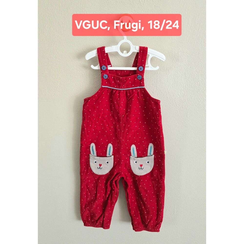 VGUC Frugi Cord Dungaree Mars Red Snowy Spot/Rabbit, 18/24